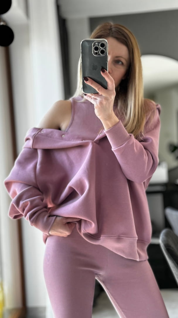 Komplet dresowy  Cotts Jagodowy  3 częściowy bluza ocieplane z napami , legginsy prążek oraz top 