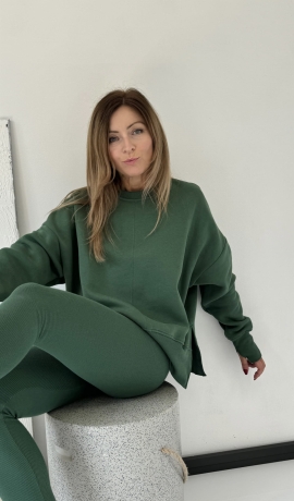 Komplet dres  MORE 2 częściowy bluza z rozcięciem na kciuk  oraz legginsy prążek push up    dres Butelkowa Zieleń  