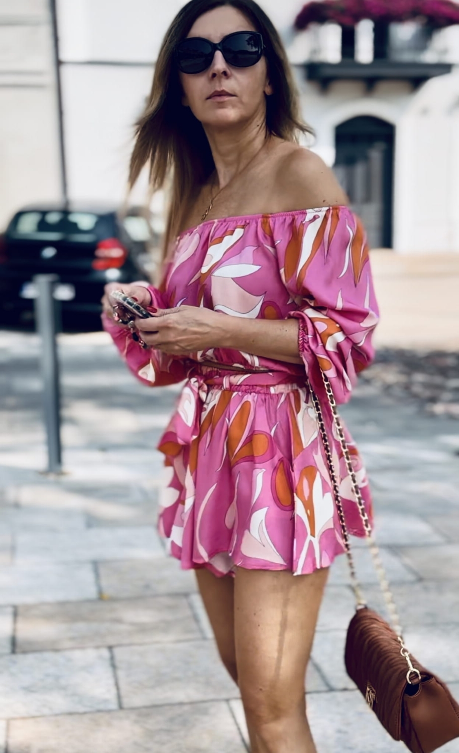 Komplet damski  bluzka Hiszpanka oraz rozkloszowane spodenki Costa Satyna Róż 