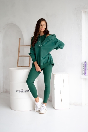 Dres damski bawełniany z kapturem  3 częściowy  bluza ocieplana z napami , legginsy prążek oraz top Cotts Butelkowa Zieleń 