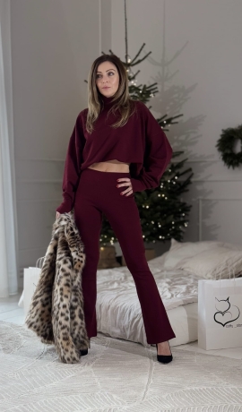 Nowość Komplet 2 częściowy bluza nieocieplana z półgolfem oraz legginsy typu dzwony   Basic Bordo Lenoshka  