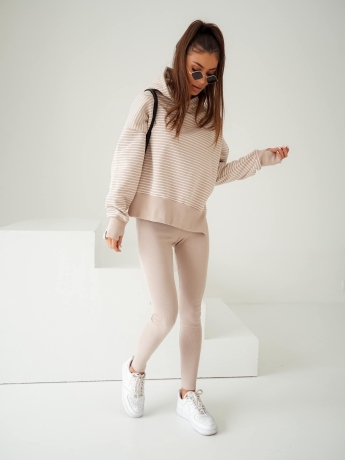  Bluza nieocieplana paseczki  z wycięciem na kciuk z kapturem MORE Beż 