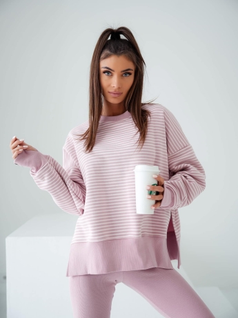 Komplet dres MORE 2 częściowy bluza z rozcięciem na kciuk  oraz legginsy prążek push up  Pudrowy Róż Lenoshka 