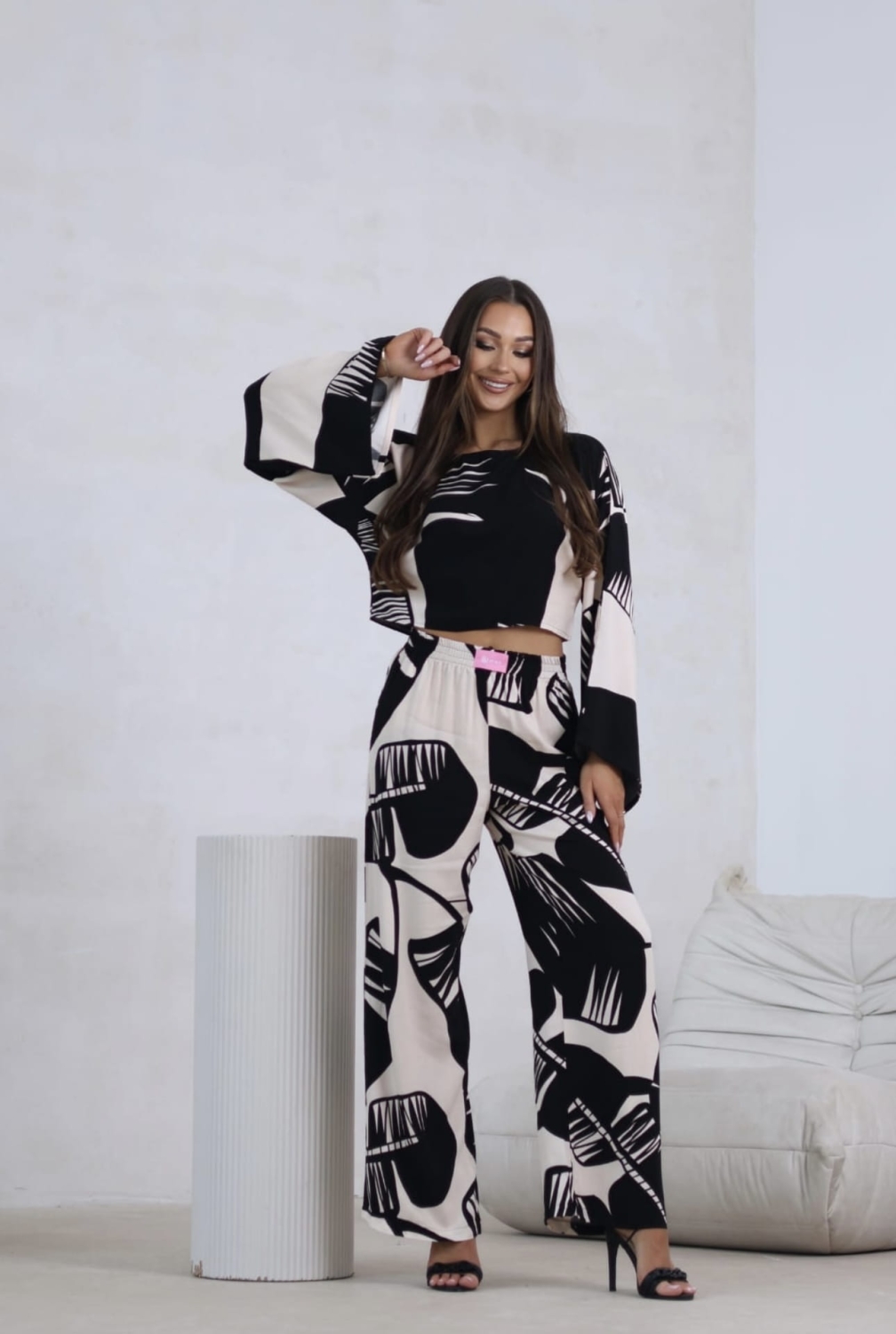 Elegancki komplet 2 częściowy Boho   Beżowo - Czarny  Print 