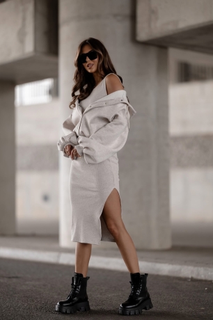 Komplet sukienka prążek  bluza oversize Lili Melanż  Beż  