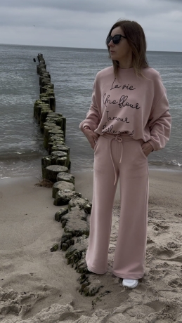 Komplet dresowy bluza oraz spodnie dresowe z wysokim stanem Cocomore Pudrowy Róż 