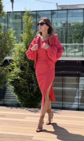 Komplet sukienka prążek  bluza oversize Lili  Malinowy 