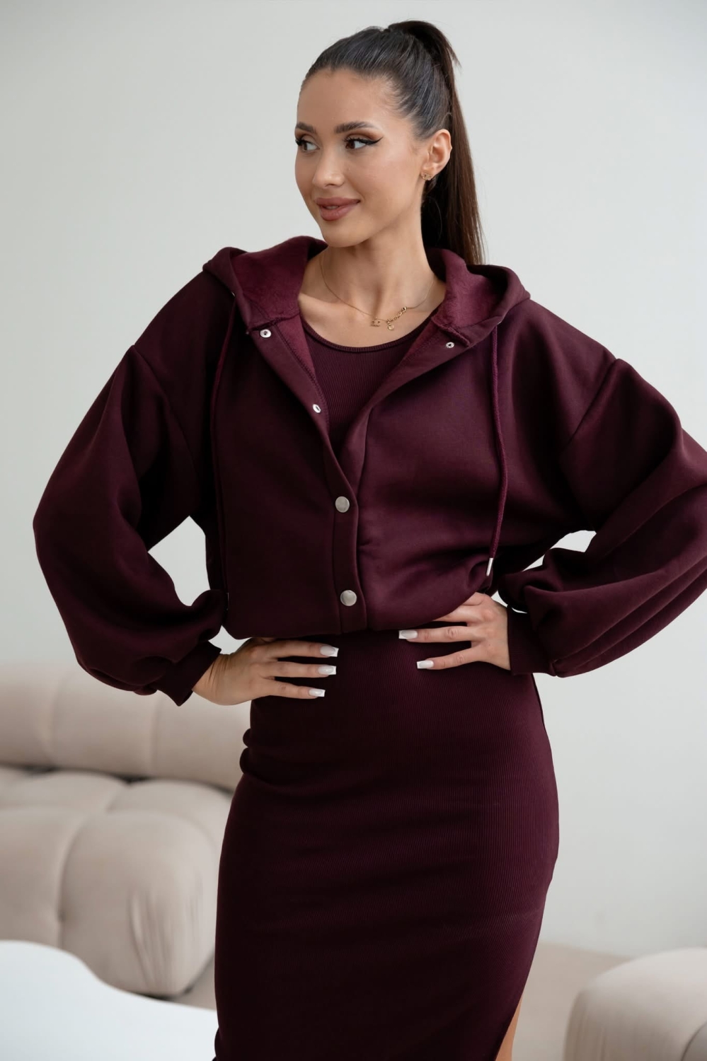 Komplet Lili sukienka prążek  bluza oversize Śliwka 