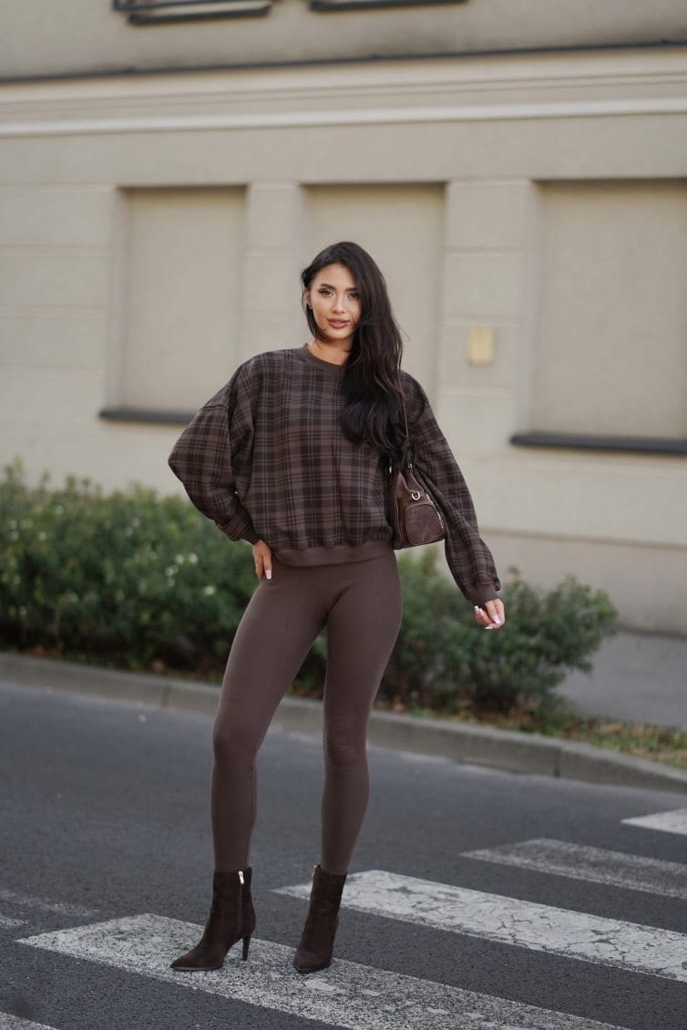 Nowość komplet bluza Basic  legginsy push up  Czekoladowy Lenoshka  Krata