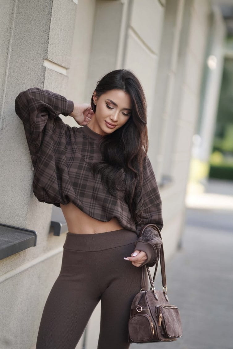 Bluza dresowa oversize Basic  czekolada  krata Lenoshka 