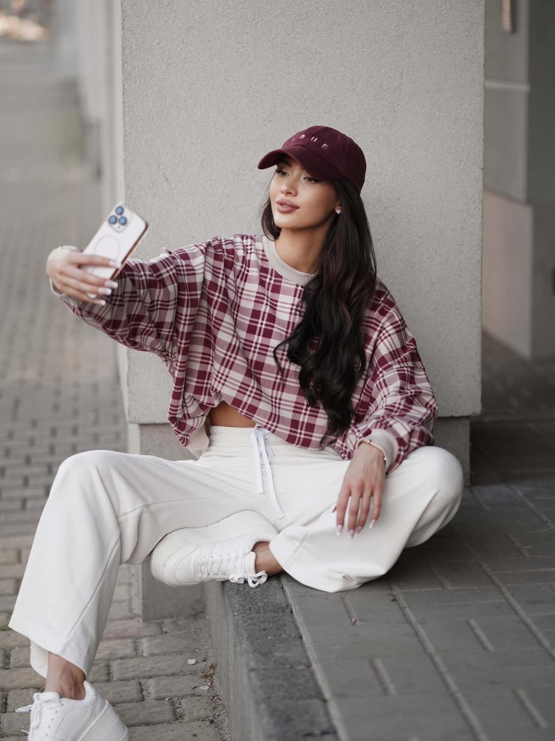 Bluza dresowa oversize Basic Bordo  krata Lenoshka  