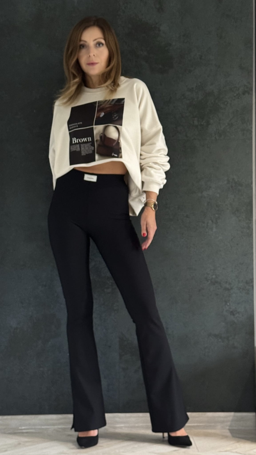 Nowość komplet bluza Basic  legginsy  dzwony Lenoshka  Czarny  Kokos Choco  