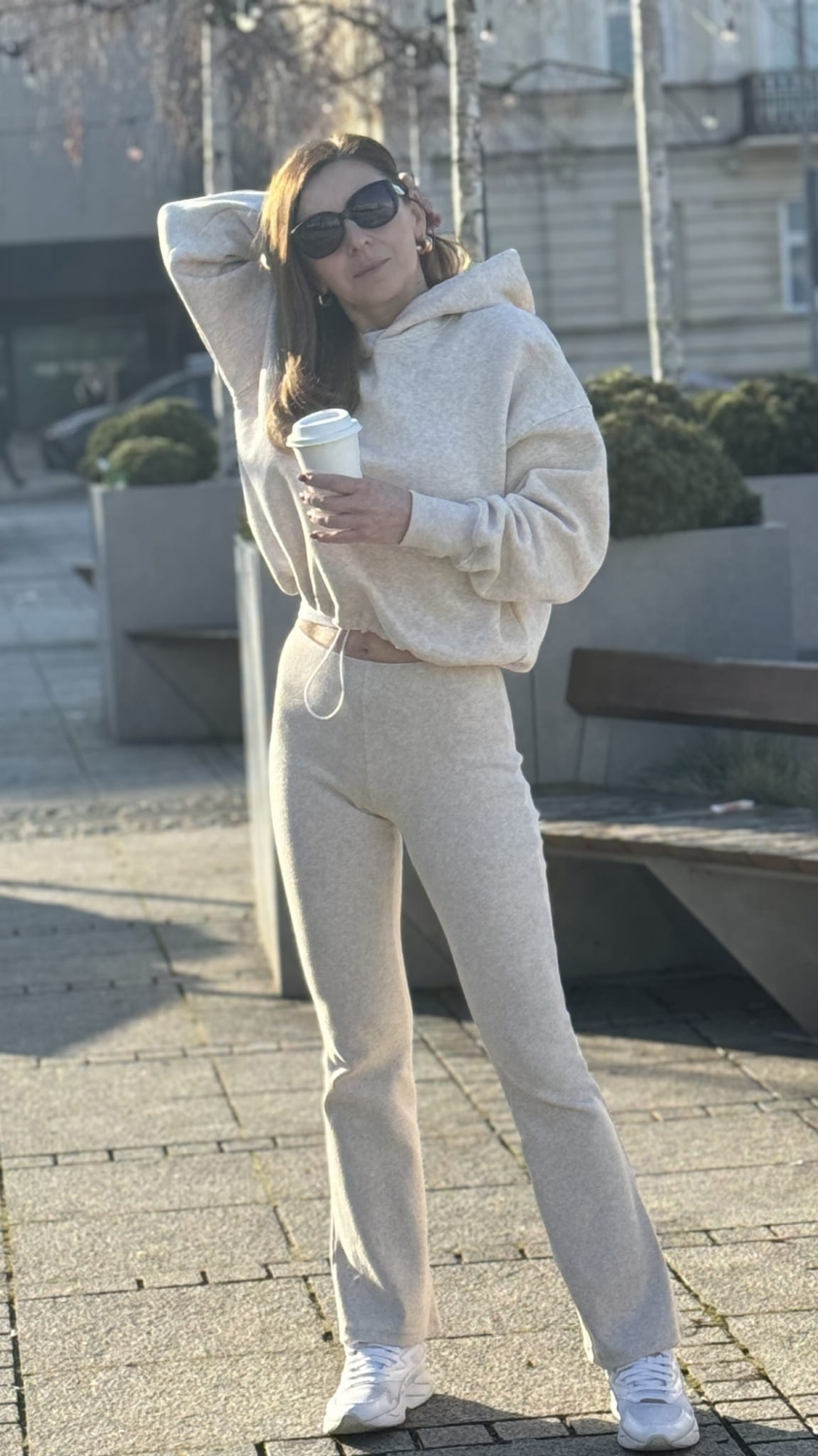 Komplet Bluza ocieplana kaptur  z legginsami dzwony Lenoshka  Melanż Beż  