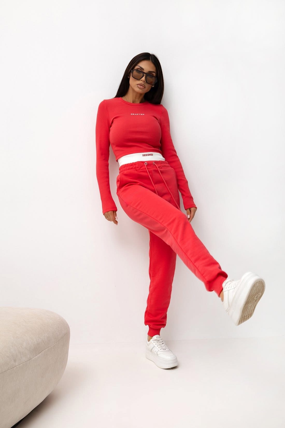  Dres damski 2 częściowy Crafted spodnie dresowe top prążek Malina 