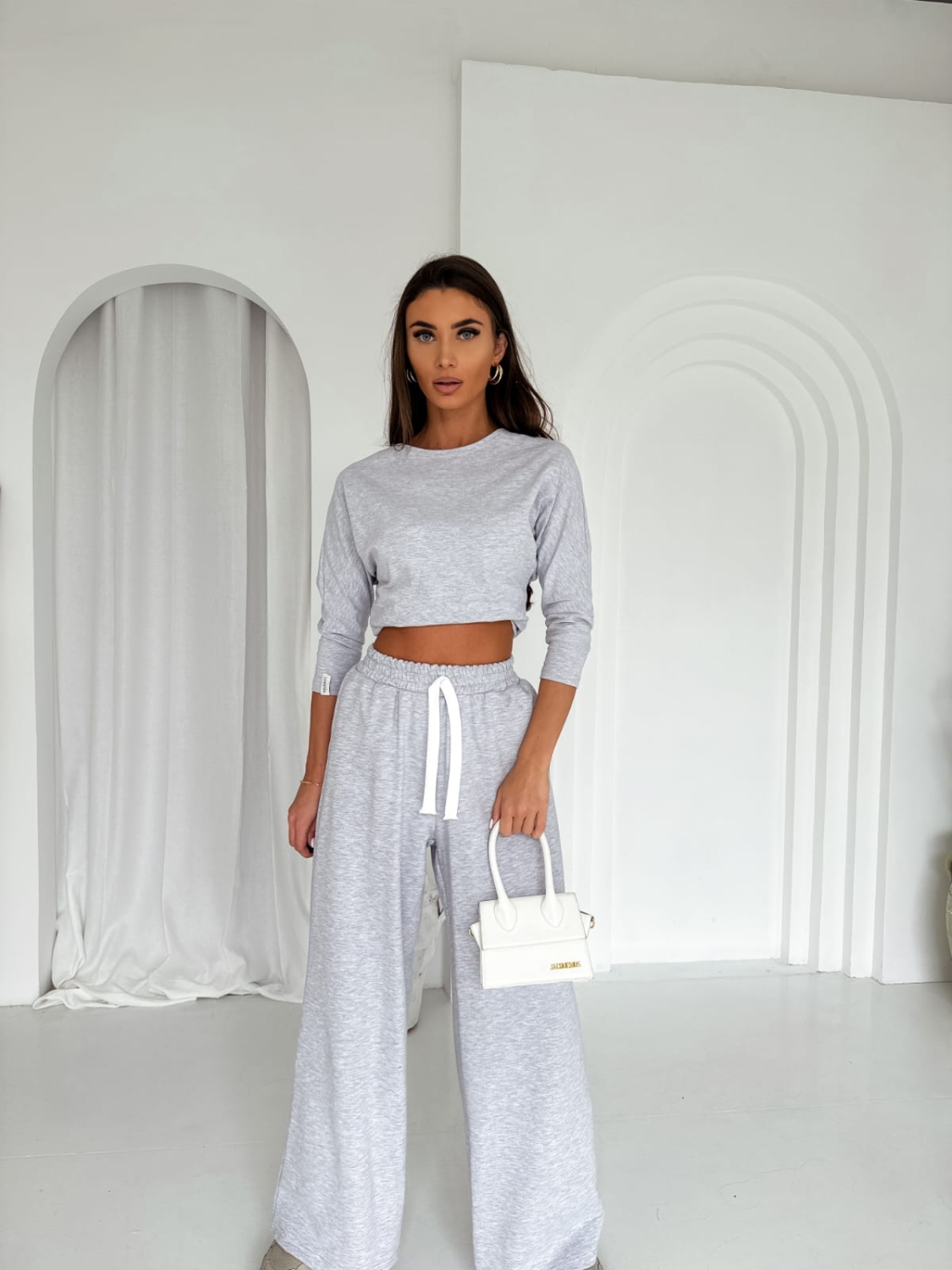 Komplet  dresowy bluzka kimono szerokie spodnie z wysokim stanem Malibu  Szary Melanż 