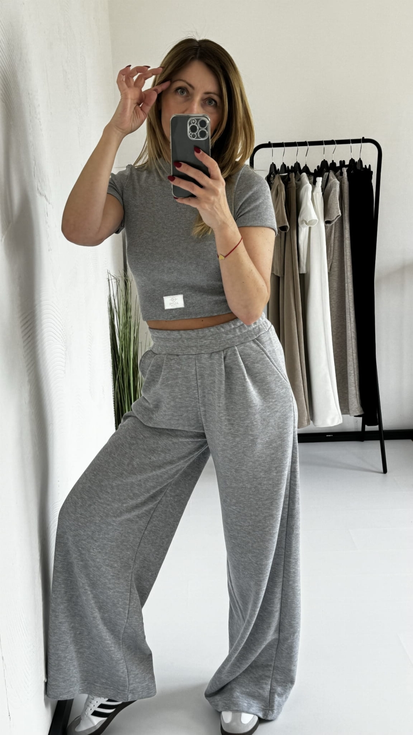 Komplet dresowy 2w1 top prążek spodnie z szeroką nogawką Cube  Szary Melanż 